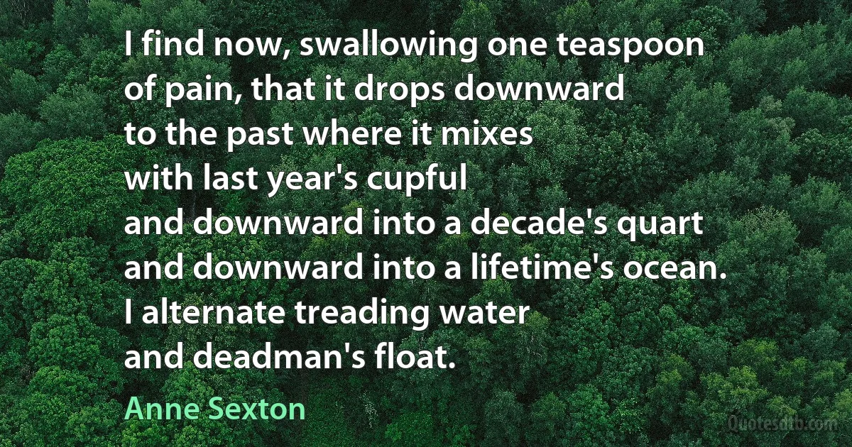 I find now, swallowing one teaspoon
of pain, that it drops downward
to the past where it mixes
with last year's cupful
and downward into a decade's quart
and downward into a lifetime's ocean.
I alternate treading water
and deadman's float. (Anne Sexton)