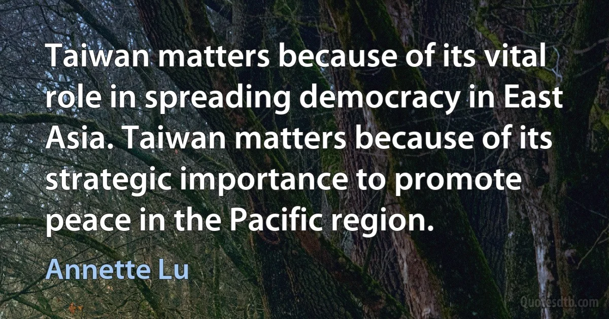 Taiwan matters because of its vital role in spreading democracy in East Asia. Taiwan matters because of its strategic importance to promote peace in the Pacific region. (Annette Lu)