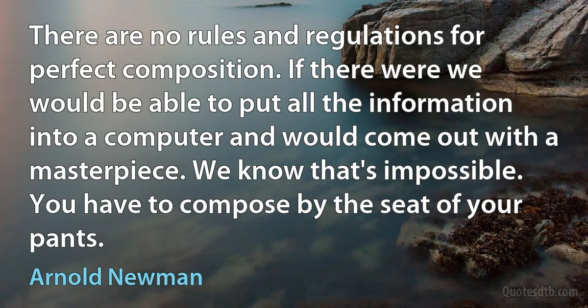 There are no rules and regulations for perfect composition. If there were we would be able to put all the information into a computer and would come out with a masterpiece. We know that's impossible. You have to compose by the seat of your pants. (Arnold Newman)