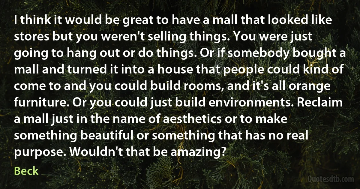 I think it would be great to have a mall that looked like stores but you weren't selling things. You were just going to hang out or do things. Or if somebody bought a mall and turned it into a house that people could kind of come to and you could build rooms, and it's all orange furniture. Or you could just build environments. Reclaim a mall just in the name of aesthetics or to make something beautiful or something that has no real purpose. Wouldn't that be amazing? (Beck)