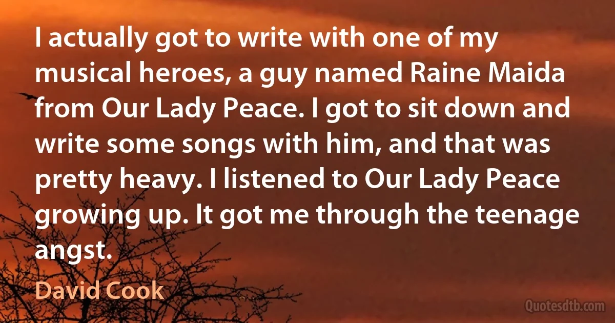 I actually got to write with one of my musical heroes, a guy named Raine Maida from Our Lady Peace. I got to sit down and write some songs with him, and that was pretty heavy. I listened to Our Lady Peace growing up. It got me through the teenage angst. (David Cook)