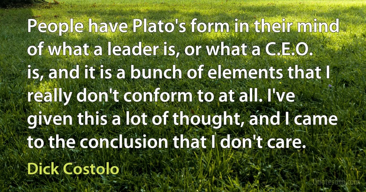 People have Plato's form in their mind of what a leader is, or what a C.E.O. is, and it is a bunch of elements that I really don't conform to at all. I've given this a lot of thought, and I came to the conclusion that I don't care. (Dick Costolo)