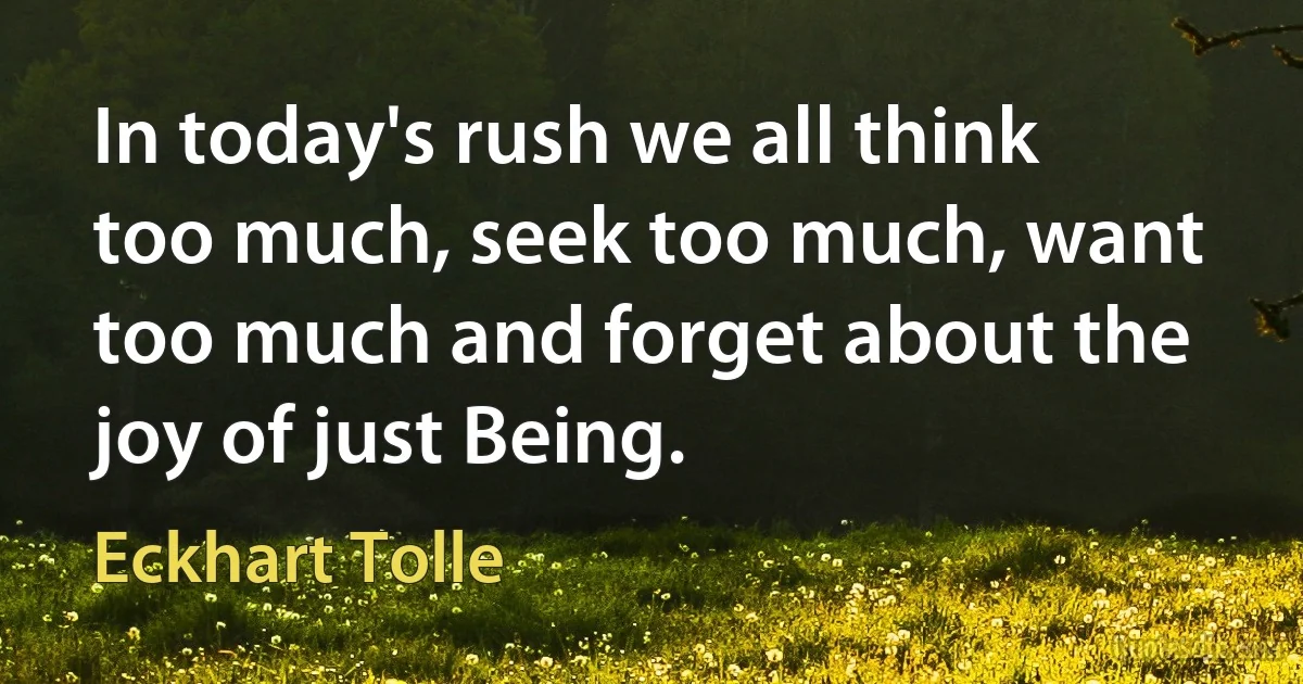 In today's rush we all think too much, seek too much, want too much and forget about the joy of just Being. (Eckhart Tolle)