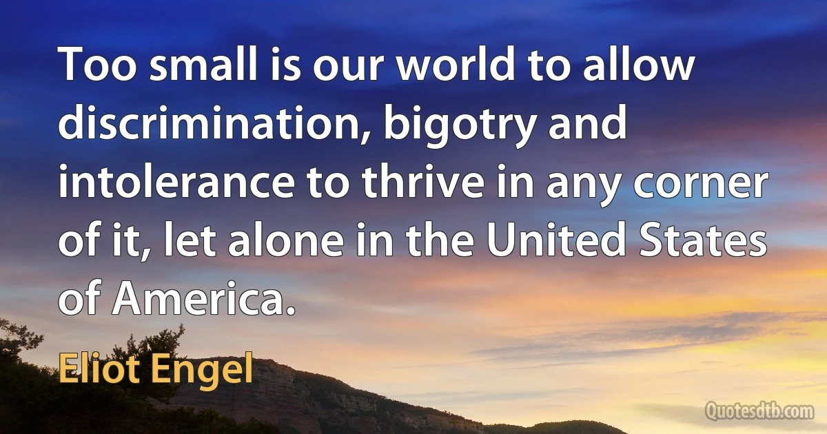 Too small is our world to allow discrimination, bigotry and intolerance to thrive in any corner of it, let alone in the United States of America. (Eliot Engel)