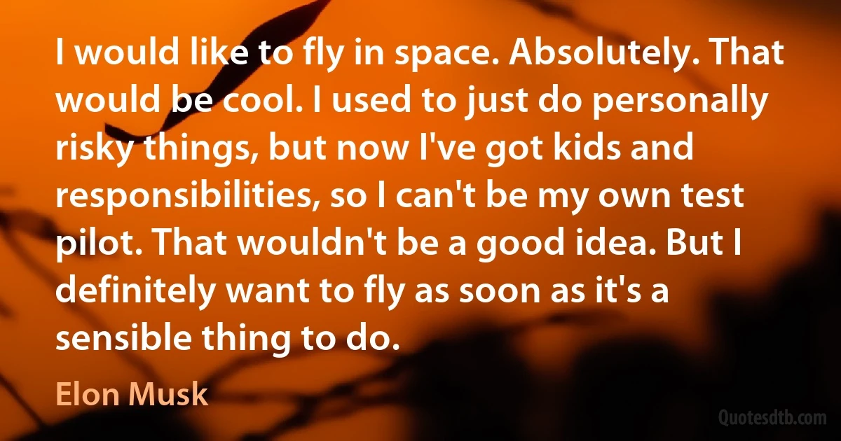 I would like to fly in space. Absolutely. That would be cool. I used to just do personally risky things, but now I've got kids and responsibilities, so I can't be my own test pilot. That wouldn't be a good idea. But I definitely want to fly as soon as it's a sensible thing to do. (Elon Musk)