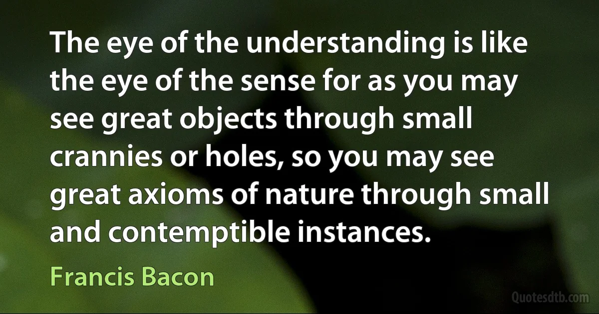 The eye of the understanding is like the eye of the sense for as you may see great objects through small crannies or holes, so you may see great axioms of nature through small and contemptible instances. (Francis Bacon)