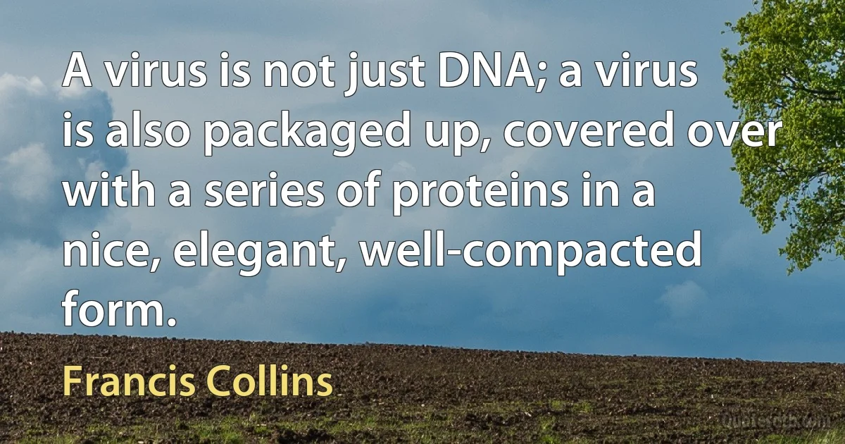 A virus is not just DNA; a virus is also packaged up, covered over with a series of proteins in a nice, elegant, well-compacted form. (Francis Collins)