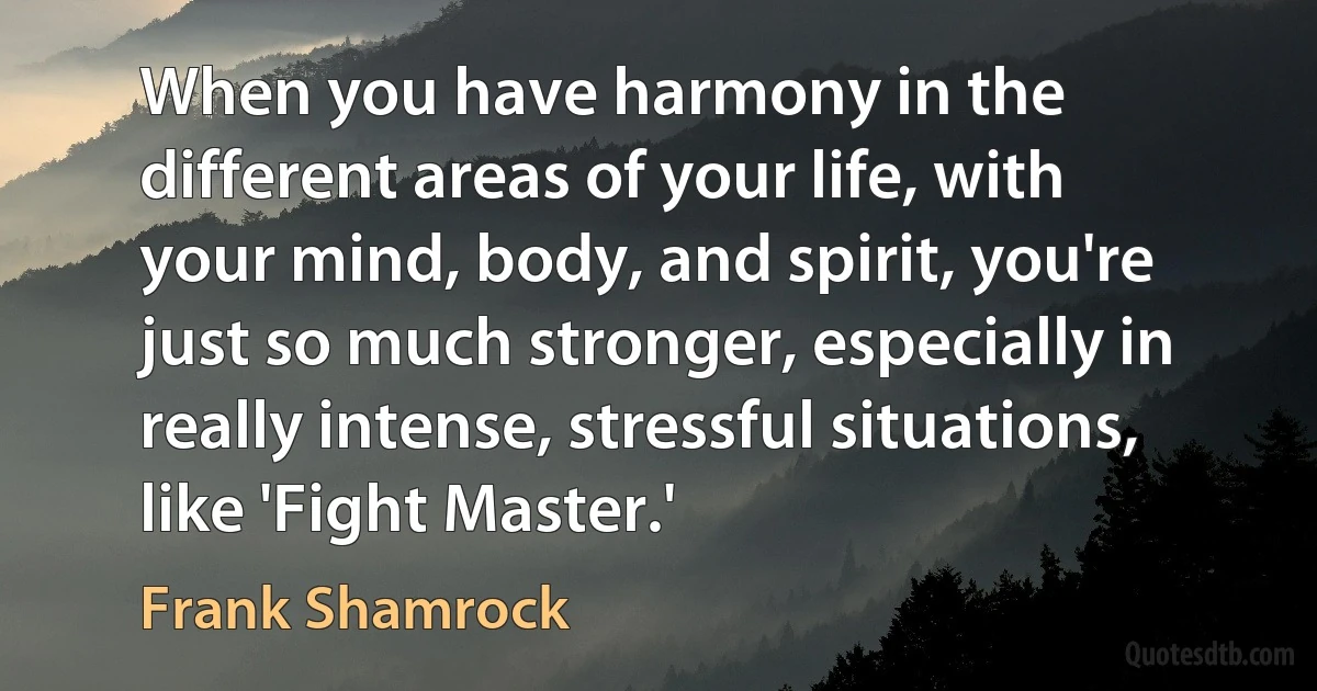 When you have harmony in the different areas of your life, with your mind, body, and spirit, you're just so much stronger, especially in really intense, stressful situations, like 'Fight Master.' (Frank Shamrock)