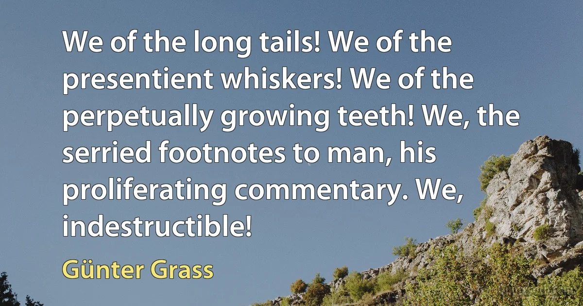 We of the long tails! We of the presentient whiskers! We of the perpetually growing teeth! We, the serried footnotes to man, his proliferating commentary. We, indestructible! (Günter Grass)