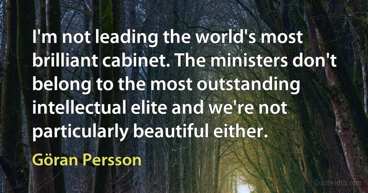 I'm not leading the world's most brilliant cabinet. The ministers don't belong to the most outstanding intellectual elite and we're not particularly beautiful either. (Göran Persson)