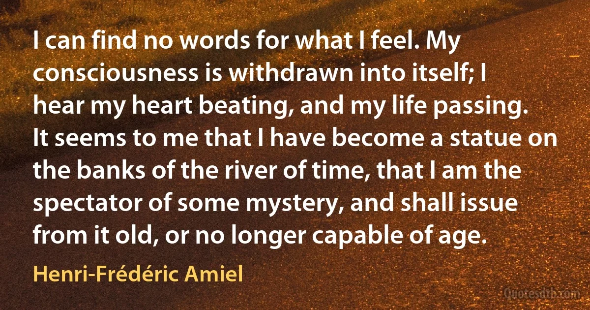 I can find no words for what I feel. My consciousness is withdrawn into itself; I hear my heart beating, and my life passing. It seems to me that I have become a statue on the banks of the river of time, that I am the spectator of some mystery, and shall issue from it old, or no longer capable of age. (Henri-Frédéric Amiel)