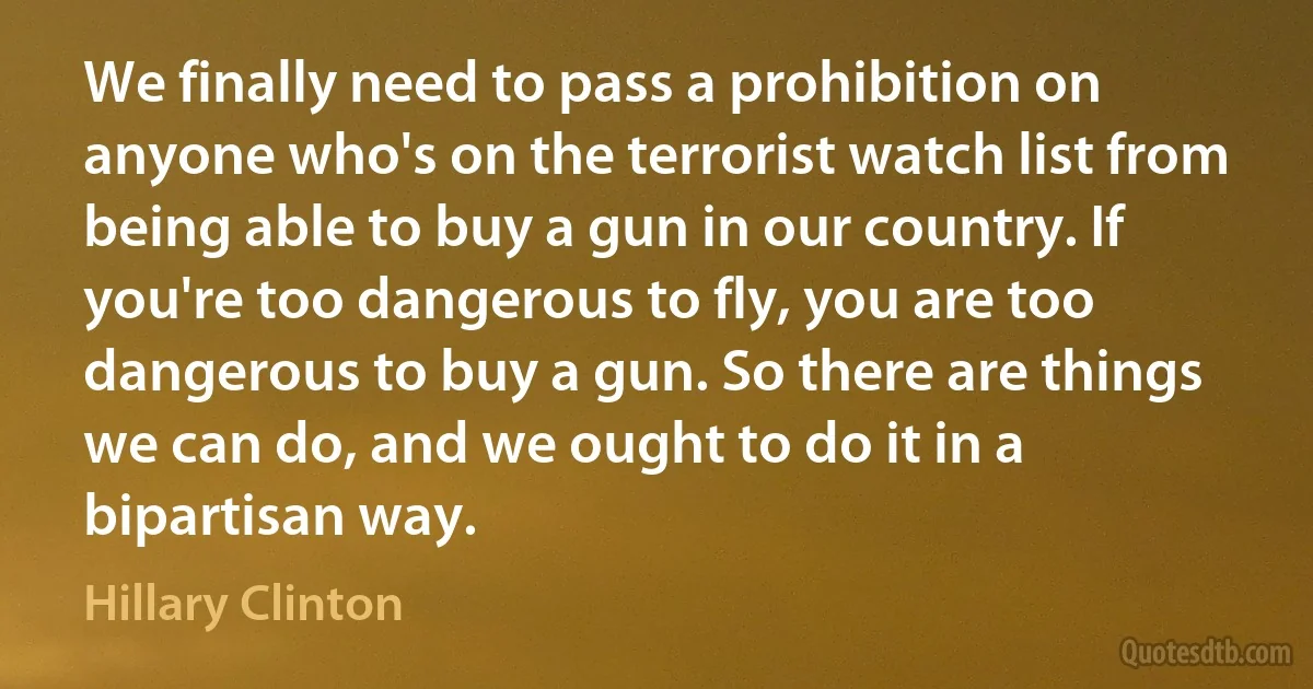 We finally need to pass a prohibition on anyone who's on the terrorist watch list from being able to buy a gun in our country. If you're too dangerous to fly, you are too dangerous to buy a gun. So there are things we can do, and we ought to do it in a bipartisan way. (Hillary Clinton)