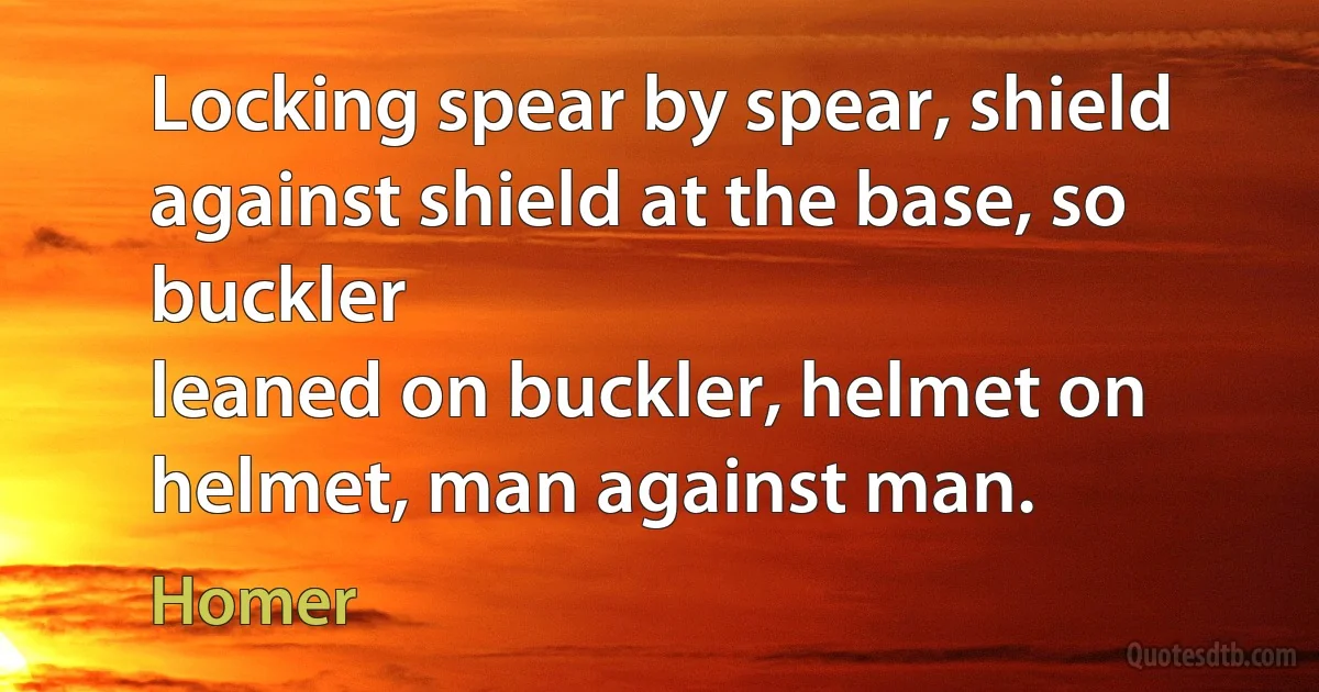 Locking spear by spear, shield against shield at the base, so buckler
leaned on buckler, helmet on helmet, man against man. (Homer)