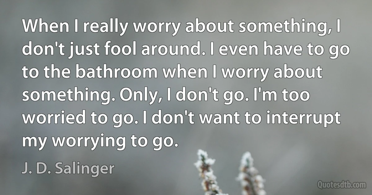 When I really worry about something, I don't just fool around. I even have to go to the bathroom when I worry about something. Only, I don't go. I'm too worried to go. I don't want to interrupt my worrying to go. (J. D. Salinger)