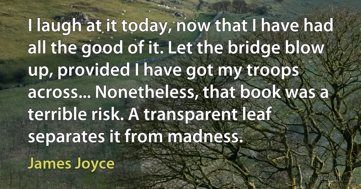 I laugh at it today, now that I have had all the good of it. Let the bridge blow up, provided I have got my troops across... Nonetheless, that book was a terrible risk. A transparent leaf separates it from madness. (James Joyce)