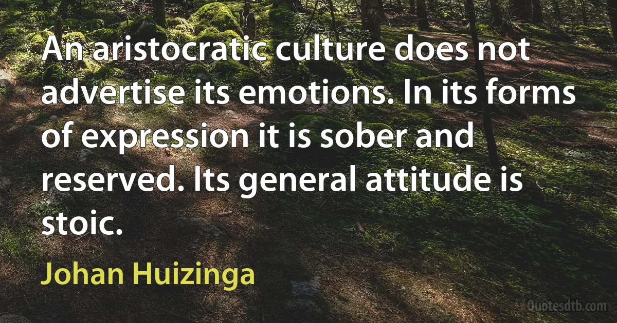 An aristocratic culture does not advertise its emotions. In its forms of expression it is sober and reserved. Its general attitude is stoic. (Johan Huizinga)