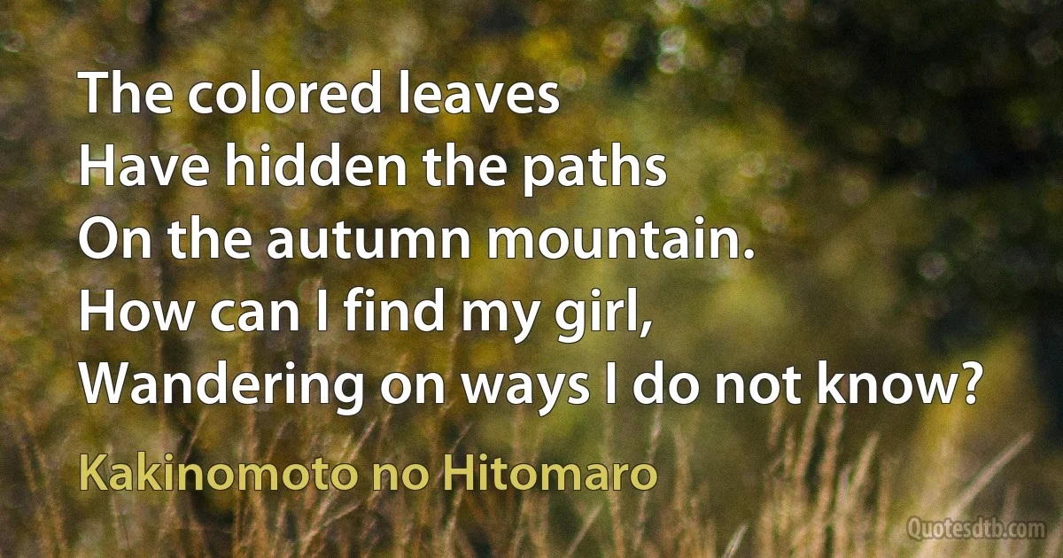 The colored leaves
Have hidden the paths
On the autumn mountain.
How can I find my girl,
Wandering on ways I do not know? (Kakinomoto no Hitomaro)