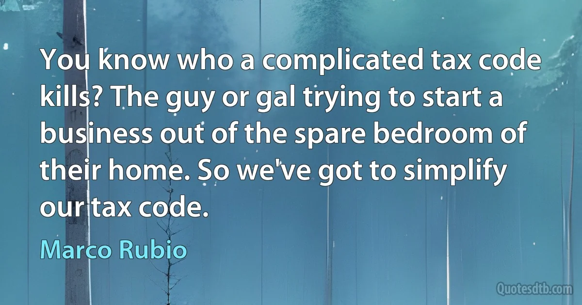 You know who a complicated tax code kills? The guy or gal trying to start a business out of the spare bedroom of their home. So we've got to simplify our tax code. (Marco Rubio)