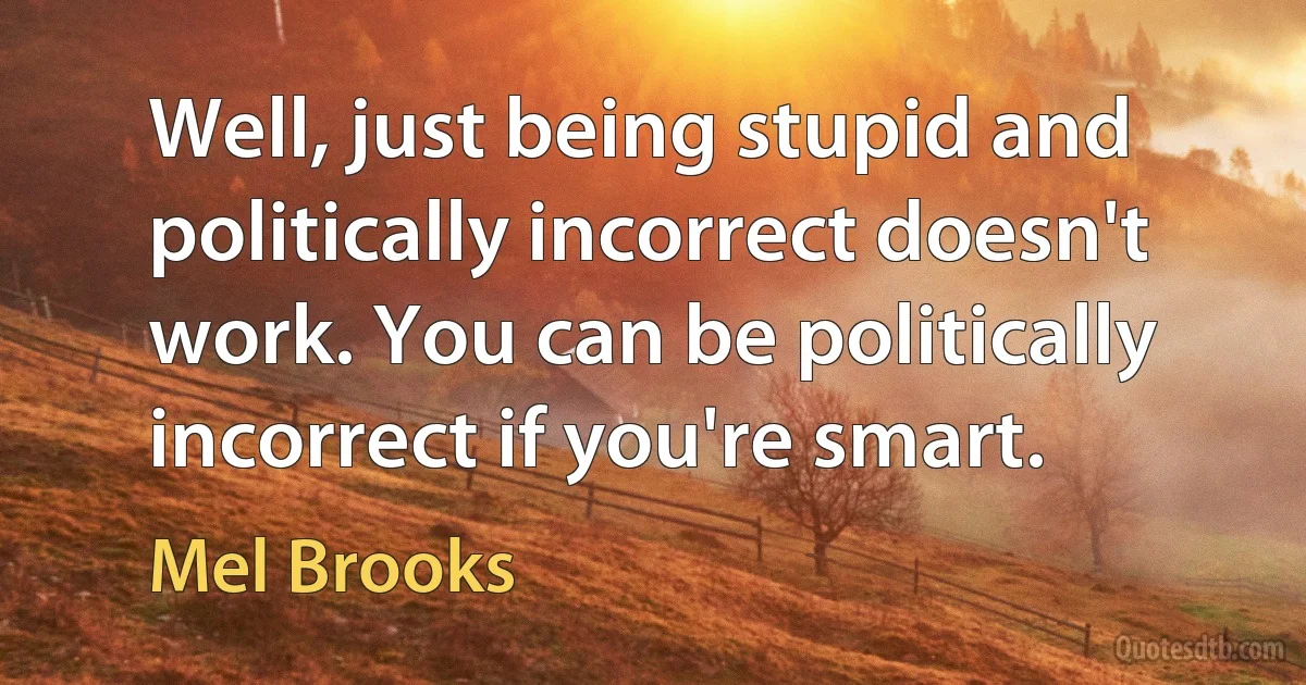 Well, just being stupid and politically incorrect doesn't work. You can be politically incorrect if you're smart. (Mel Brooks)