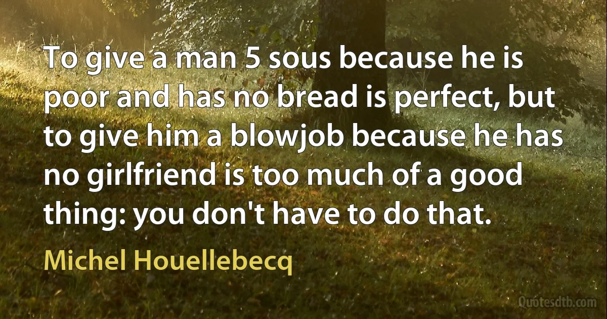 To give a man 5 sous because he is poor and has no bread is perfect, but to give him a blowjob because he has no girlfriend is too much of a good thing: you don't have to do that. (Michel Houellebecq)