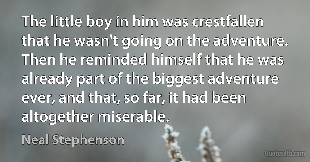 The little boy in him was crestfallen that he wasn't going on the adventure. Then he reminded himself that he was already part of the biggest adventure ever, and that, so far, it had been altogether miserable. (Neal Stephenson)