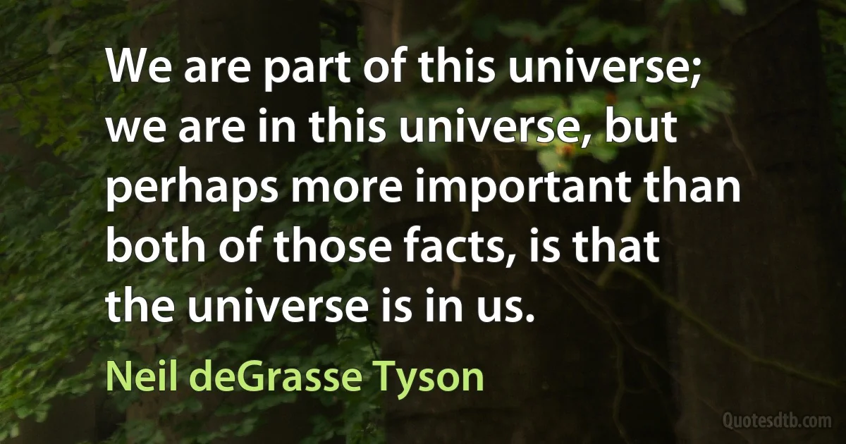 We are part of this universe; we are in this universe, but perhaps more important than both of those facts, is that the universe is in us. (Neil deGrasse Tyson)