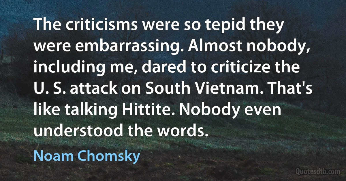 The criticisms were so tepid they were embarrassing. Almost nobody, including me, dared to criticize the U. S. attack on South Vietnam. That's like talking Hittite. Nobody even understood the words. (Noam Chomsky)