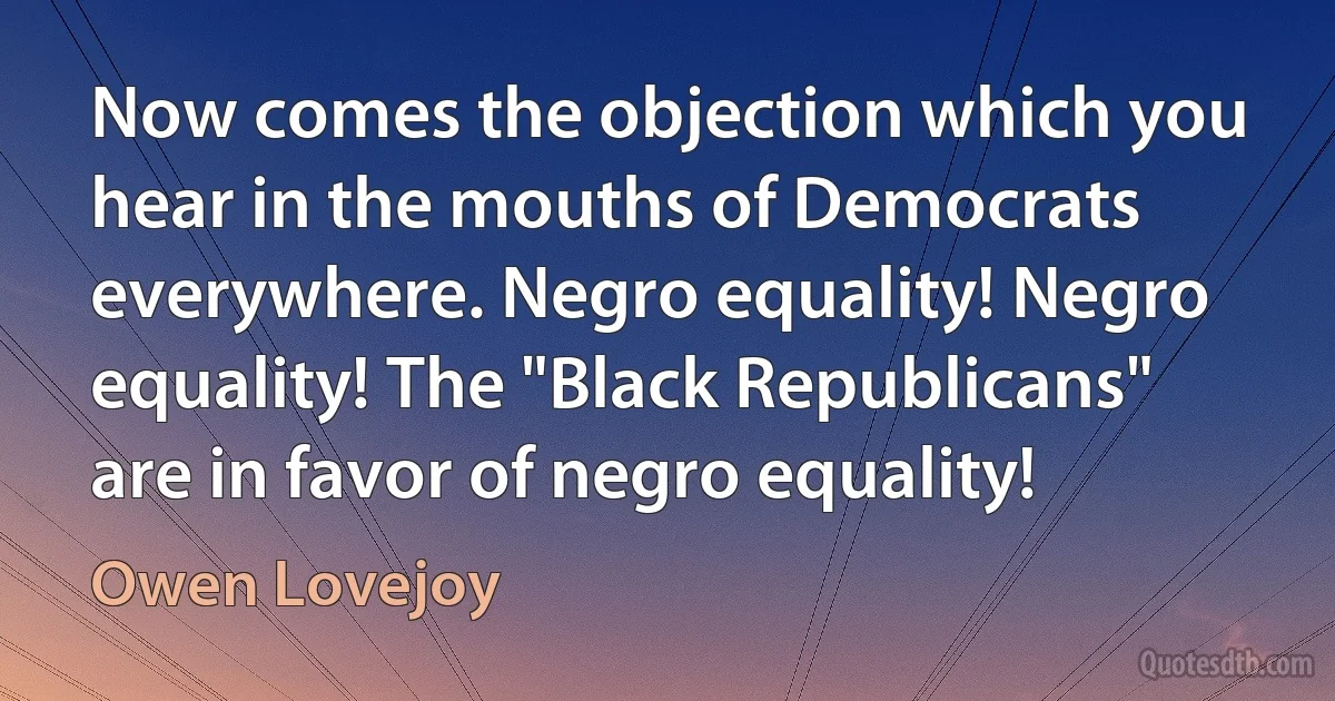 Now comes the objection which you hear in the mouths of Democrats everywhere. Negro equality! Negro equality! The "Black Republicans" are in favor of negro equality! (Owen Lovejoy)