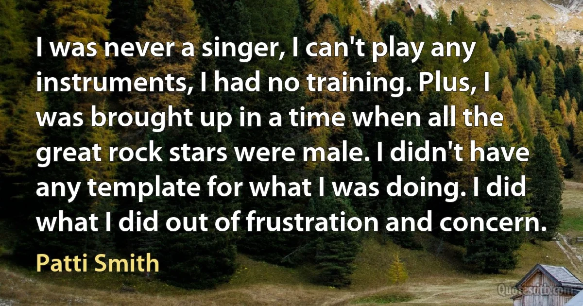 I was never a singer, I can't play any instruments, I had no training. Plus, I was brought up in a time when all the great rock stars were male. I didn't have any template for what I was doing. I did what I did out of frustration and concern. (Patti Smith)