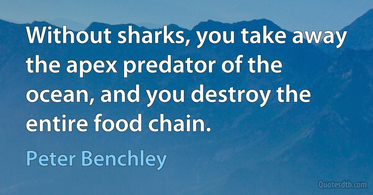 Without sharks, you take away the apex predator of the ocean, and you destroy the entire food chain. (Peter Benchley)