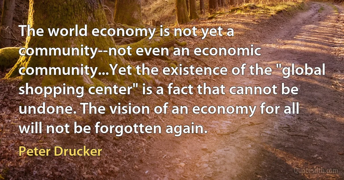 The world economy is not yet a community--not even an economic community...Yet the existence of the "global shopping center" is a fact that cannot be undone. The vision of an economy for all will not be forgotten again. (Peter Drucker)