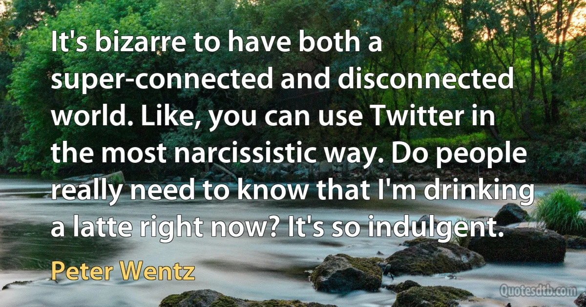 It's bizarre to have both a super-connected and disconnected world. Like, you can use Twitter in the most narcissistic way. Do people really need to know that I'm drinking a latte right now? It's so indulgent. (Peter Wentz)