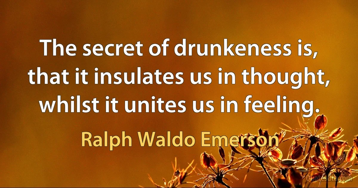 The secret of drunkeness is, that it insulates us in thought, whilst it unites us in feeling. (Ralph Waldo Emerson)