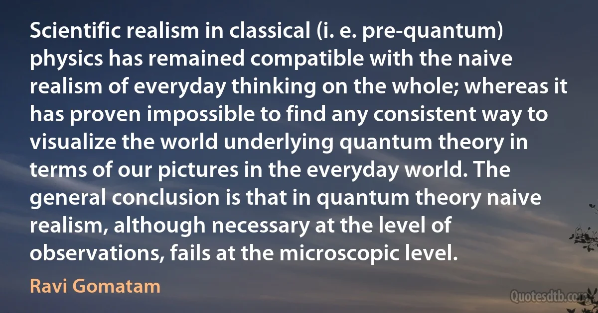 Scientific realism in classical (i. e. pre-quantum) physics has remained compatible with the naive realism of everyday thinking on the whole; whereas it has proven impossible to find any consistent way to visualize the world underlying quantum theory in terms of our pictures in the everyday world. The general conclusion is that in quantum theory naive realism, although necessary at the level of observations, fails at the microscopic level. (Ravi Gomatam)