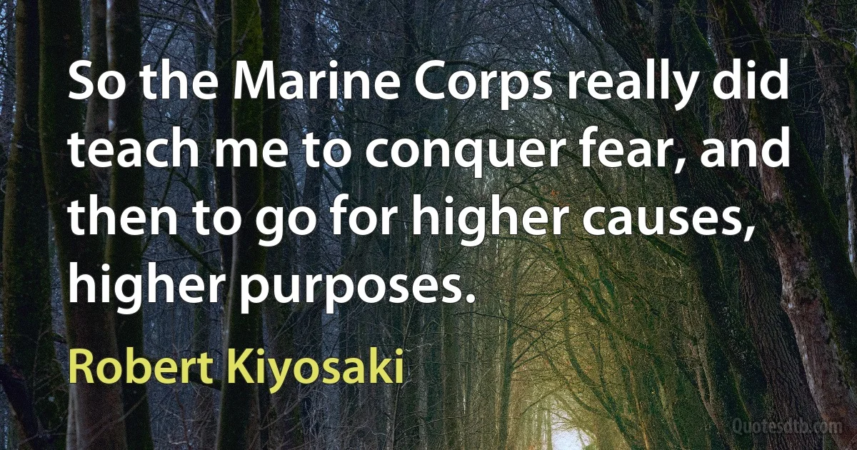 So the Marine Corps really did teach me to conquer fear, and then to go for higher causes, higher purposes. (Robert Kiyosaki)