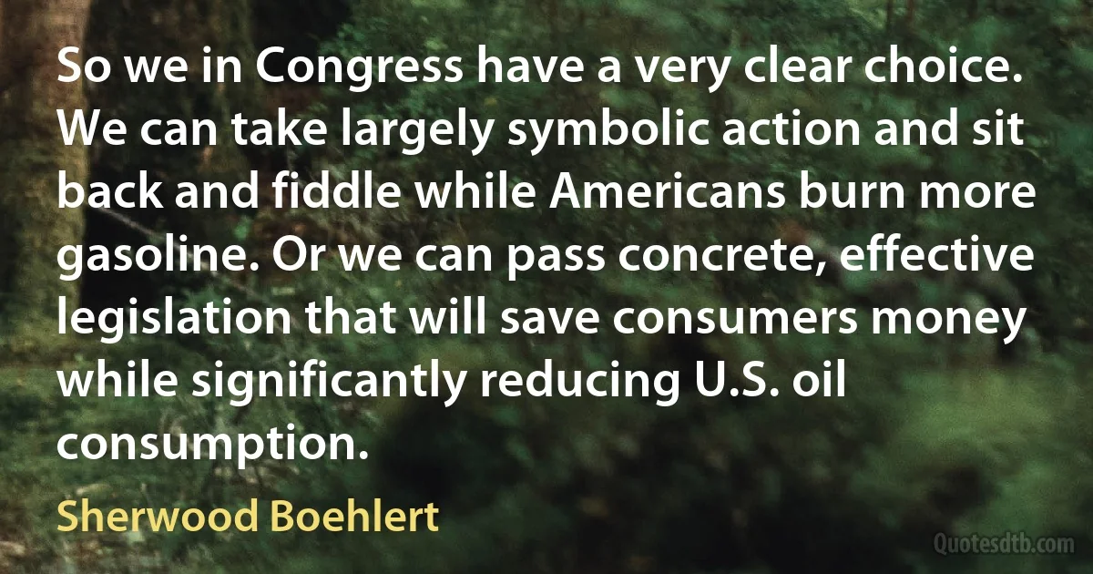 So we in Congress have a very clear choice. We can take largely symbolic action and sit back and fiddle while Americans burn more gasoline. Or we can pass concrete, effective legislation that will save consumers money while significantly reducing U.S. oil consumption. (Sherwood Boehlert)