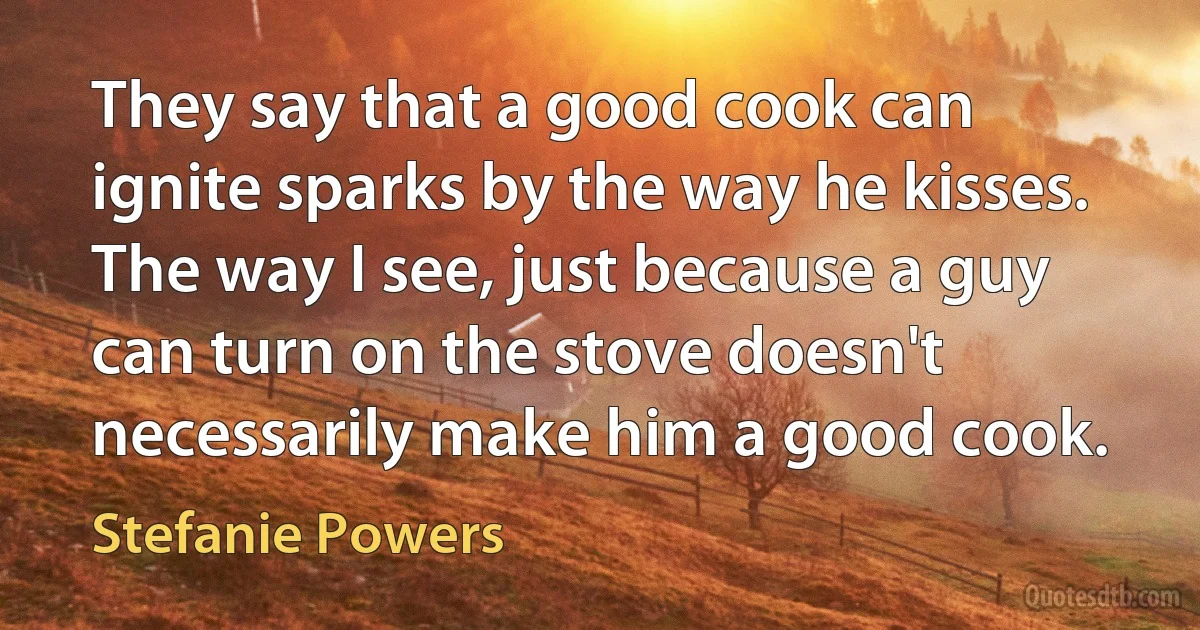 They say that a good cook can ignite sparks by the way he kisses. The way I see, just because a guy can turn on the stove doesn't necessarily make him a good cook. (Stefanie Powers)