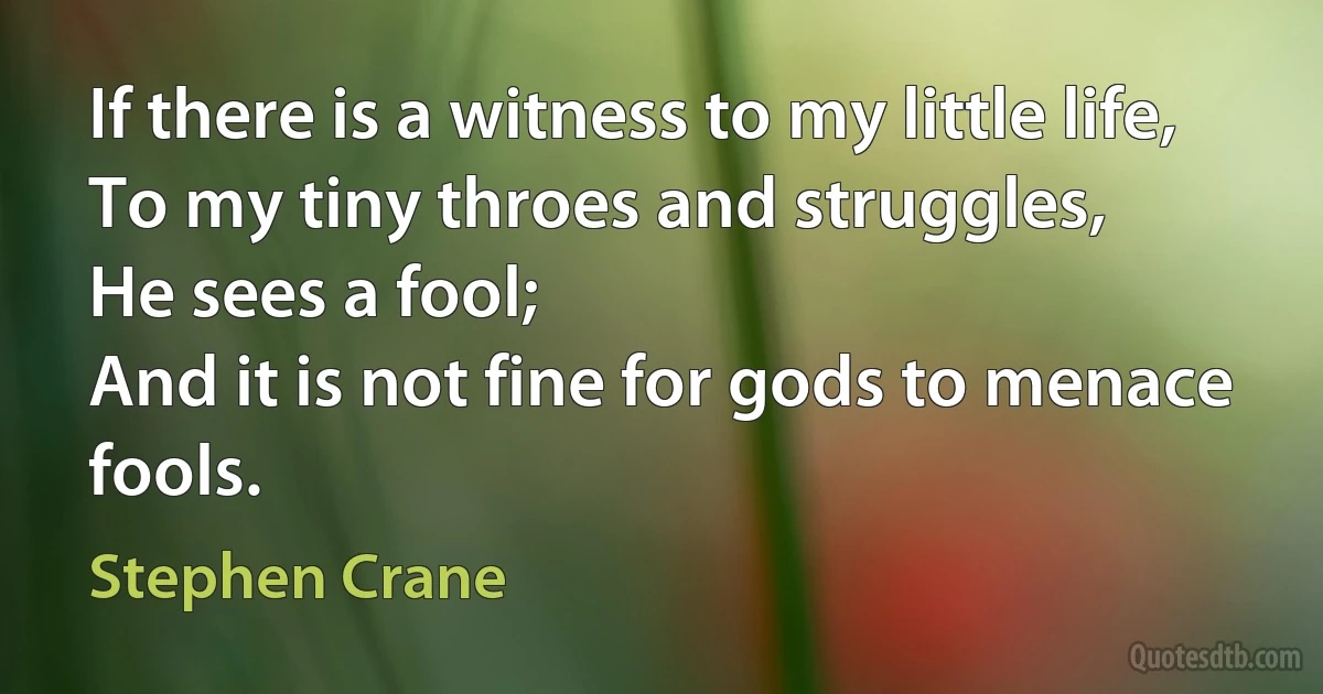 If there is a witness to my little life,
To my tiny throes and struggles,
He sees a fool;
And it is not fine for gods to menace fools. (Stephen Crane)