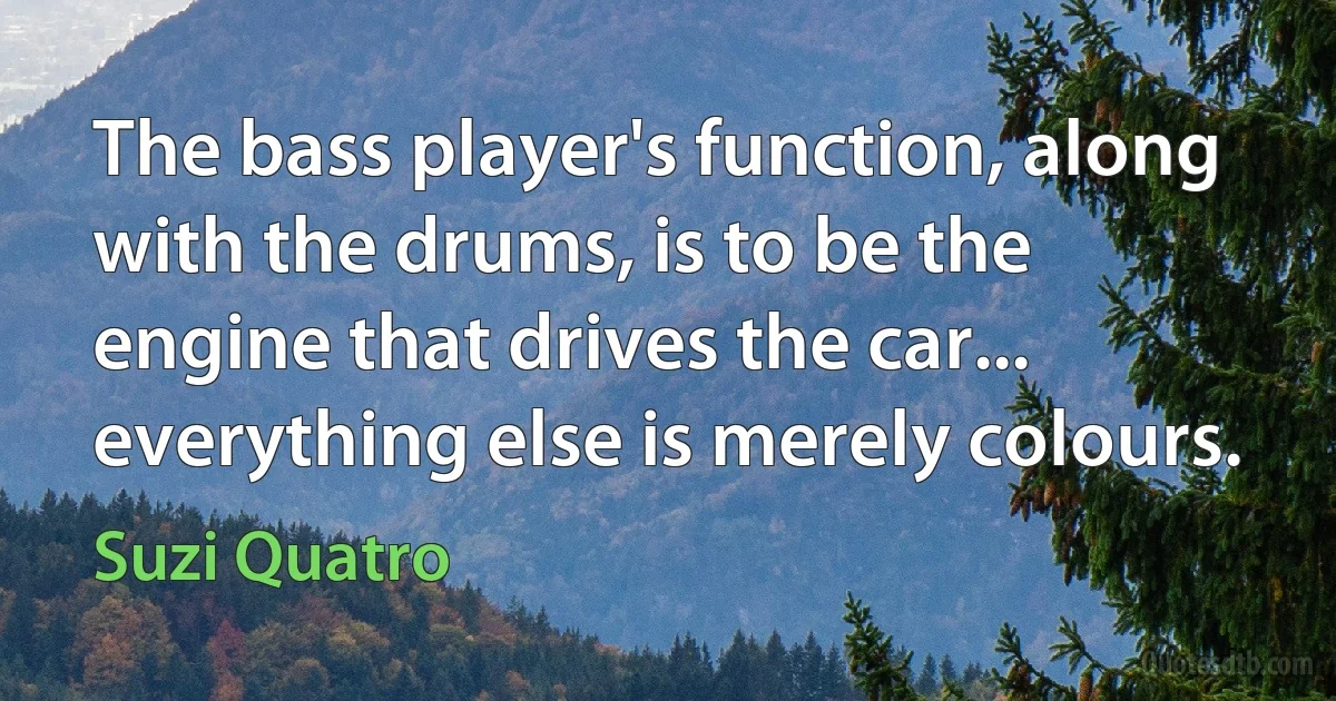 The bass player's function, along with the drums, is to be the engine that drives the car... everything else is merely colours. (Suzi Quatro)