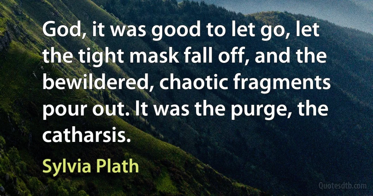 God, it was good to let go, let the tight mask fall off, and the bewildered, chaotic fragments pour out. It was the purge, the catharsis. (Sylvia Plath)