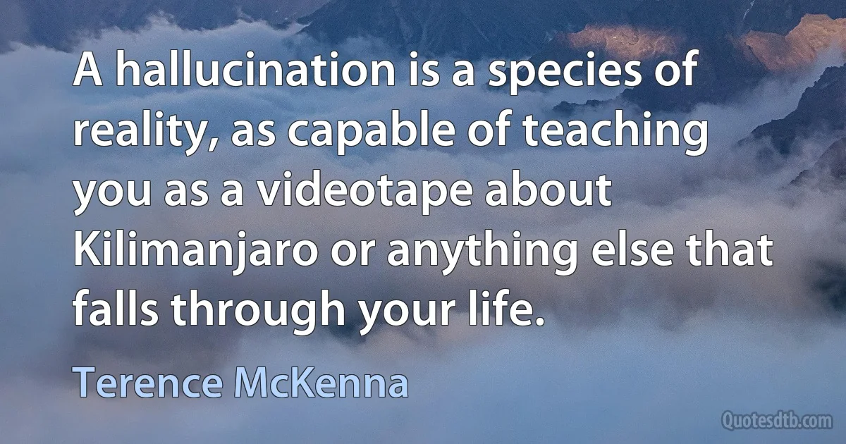 A hallucination is a species of reality, as capable of teaching you as a videotape about Kilimanjaro or anything else that falls through your life. (Terence McKenna)