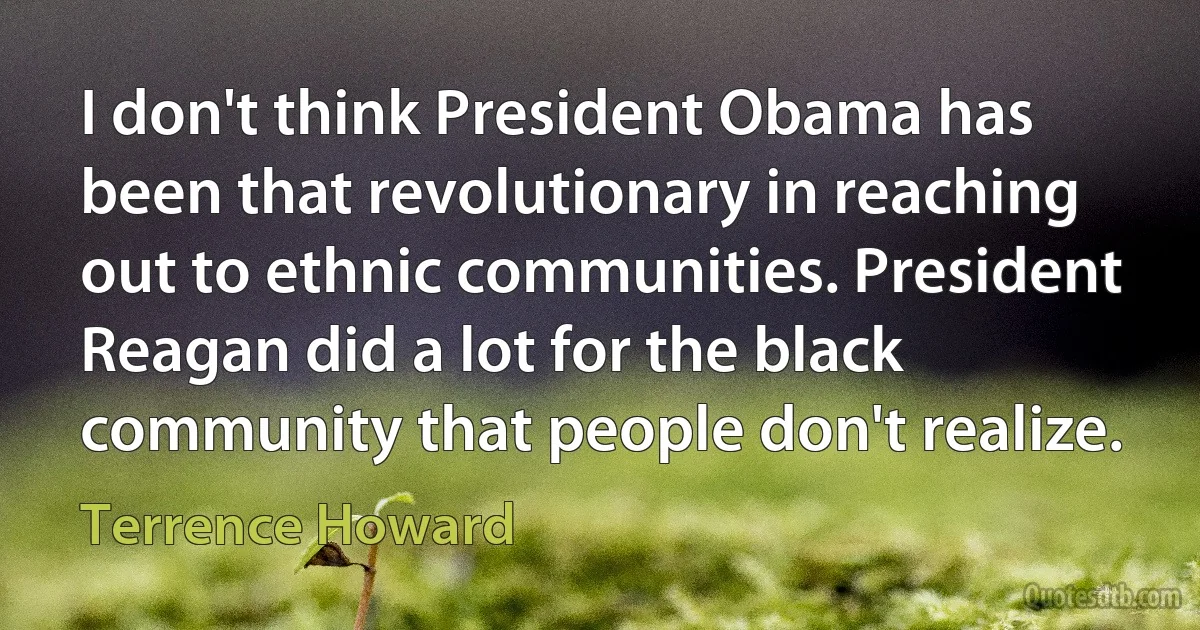 I don't think President Obama has been that revolutionary in reaching out to ethnic communities. President Reagan did a lot for the black community that people don't realize. (Terrence Howard)