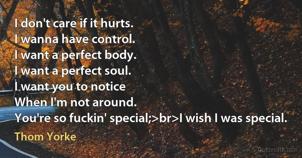 I don't care if it hurts.
I wanna have control.
I want a perfect body.
I want a perfect soul.
I want you to notice
When I'm not around.
You're so fuckin' special;>br>I wish I was special. (Thom Yorke)