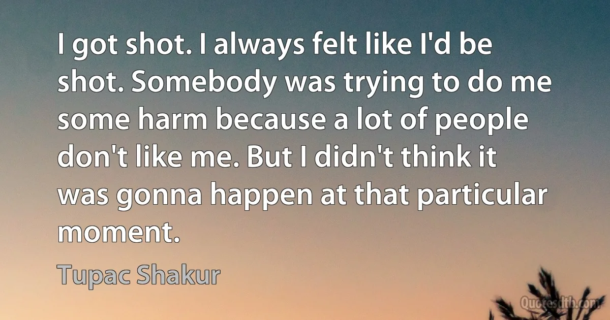 I got shot. I always felt like I'd be shot. Somebody was trying to do me some harm because a lot of people don't like me. But I didn't think it was gonna happen at that particular moment. (Tupac Shakur)