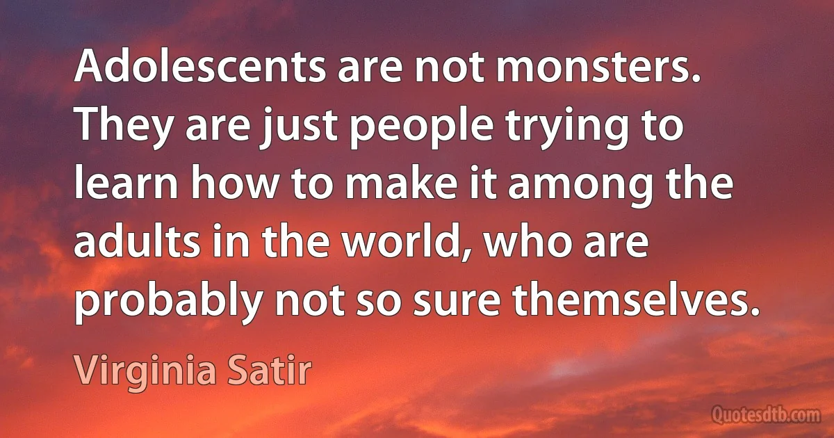 Adolescents are not monsters. They are just people trying to learn how to make it among the adults in the world, who are probably not so sure themselves. (Virginia Satir)