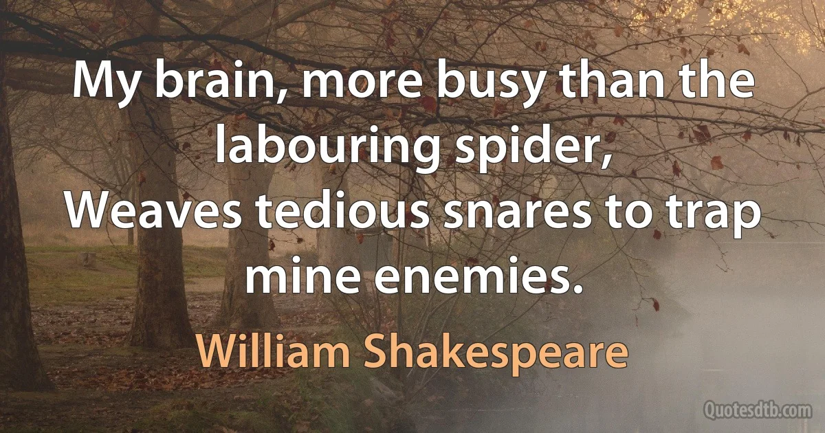 My brain, more busy than the labouring spider,
Weaves tedious snares to trap mine enemies. (William Shakespeare)