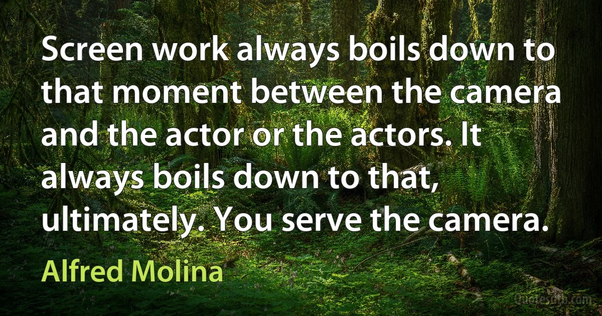 Screen work always boils down to that moment between the camera and the actor or the actors. It always boils down to that, ultimately. You serve the camera. (Alfred Molina)