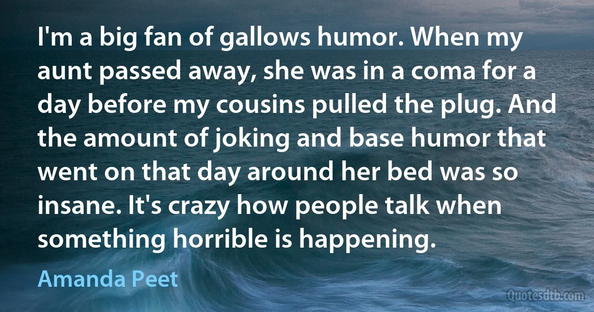 I'm a big fan of gallows humor. When my aunt passed away, she was in a coma for a day before my cousins pulled the plug. And the amount of joking and base humor that went on that day around her bed was so insane. It's crazy how people talk when something horrible is happening. (Amanda Peet)