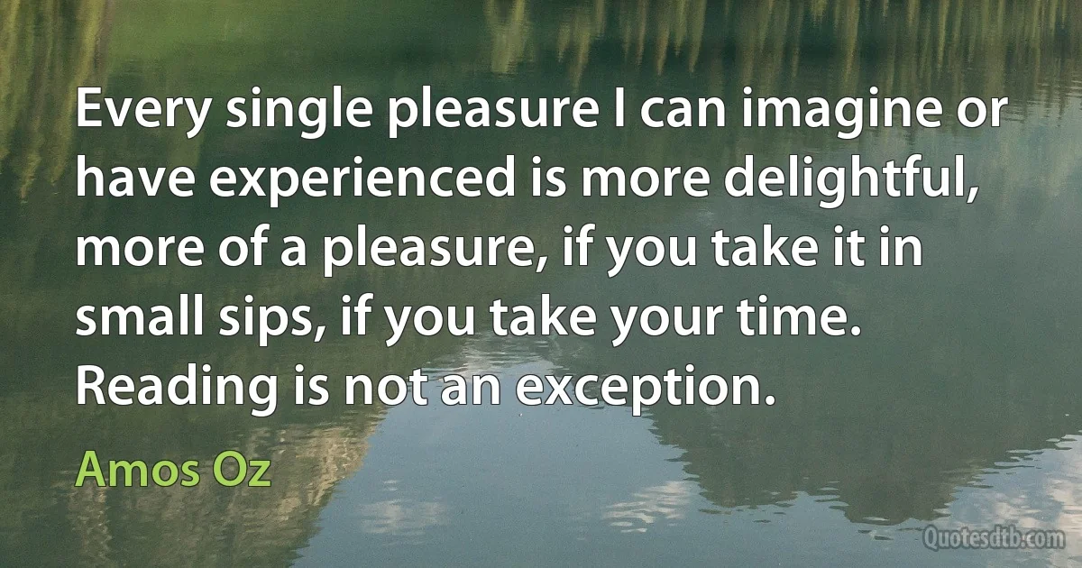 Every single pleasure I can imagine or have experienced is more delightful, more of a pleasure, if you take it in small sips, if you take your time. Reading is not an exception. (Amos Oz)