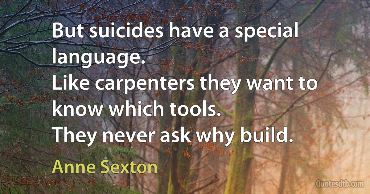 But suicides have a special language.
Like carpenters they want to know which tools.
They never ask why build. (Anne Sexton)